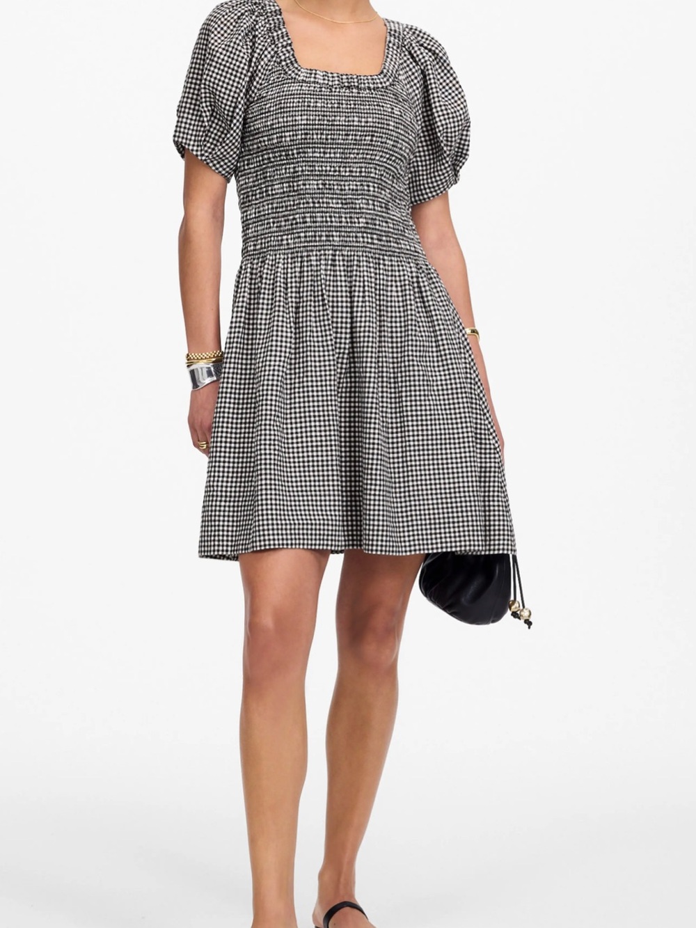 Madewell Black and White Gingham Smocked Mini Dress